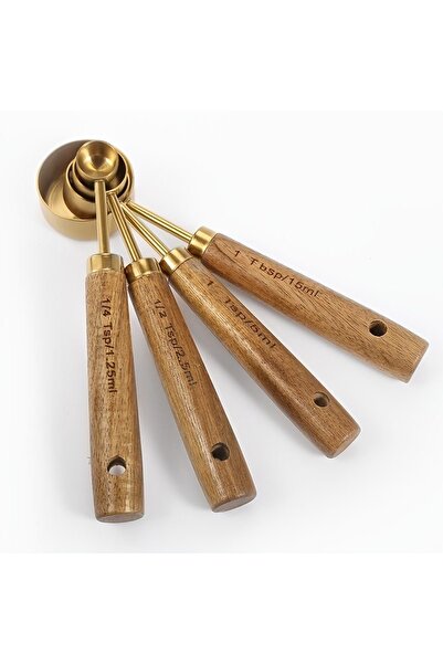 MİS KİTCHEN 4 Stainless Steel Measuring Cups - Wooden Handle, 1.25ml 2.5ml 5ml 15ml