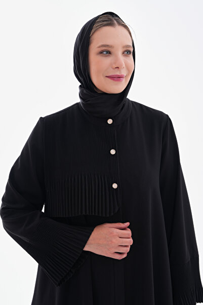 GigiTex KALİTELİ İTHAL KREP SİYAH MEVSİMLİK SÜS PLİSE DETAYLI MEVLANA FERACE