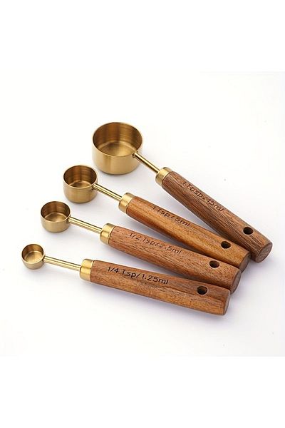 MİS KİTCHEN 4 Stainless Steel Measuring Cups - Wooden Handle, 1.25ml 2.5ml 5ml 15ml