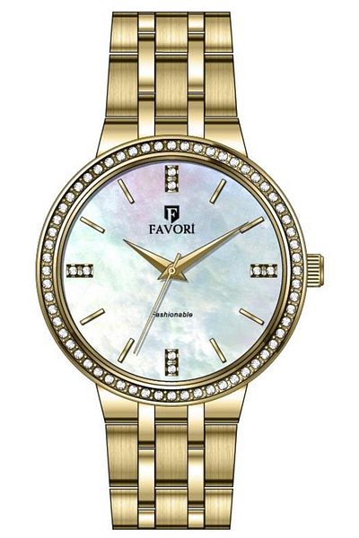 Favori Gold Color Stone Case and Dial Steel Band Women's Wristwatch Fvr.104.4Gmg