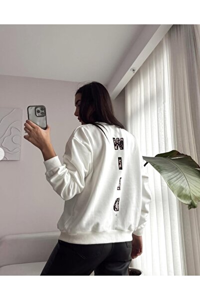 Alegante Leopar Nakışlı Fermuarlı Krem Rengi Oversize Sweatshirt