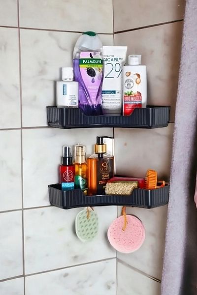 Kitchen Store Bathroom Adhesive Bathroom Shelf, 2-Piece Bathroom Organizer, Shower Shelf Organizer Shampoo Rack, Plastic
