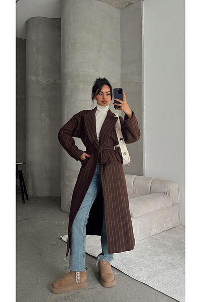mydukkan.co Brown Stamp Coat - Waist Tie