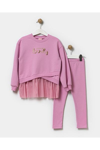 Magu Lovely Patterned Cotton Sweatshirt and Tulle Tights Set for Girls