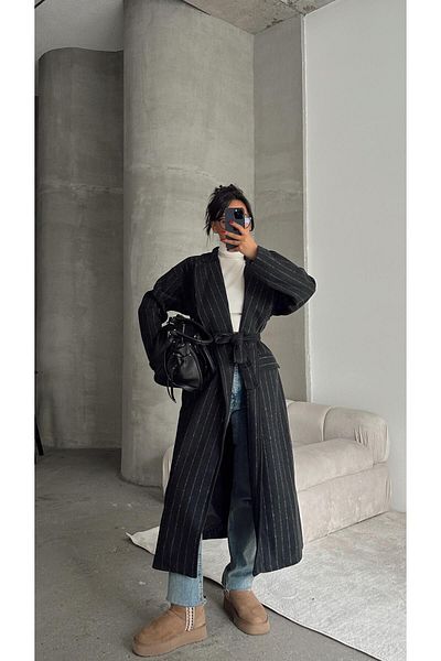 mydukkan.co Black Stamp Coat - Waist Tie Line Model