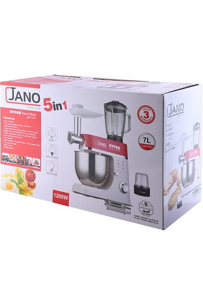 JANO خلاط كهربائي قائم 7 لتر 1200 واط 5 في 1 مع 6 سرعات للتحكم في الوعاء من الستانلس ستيل - Jn1213