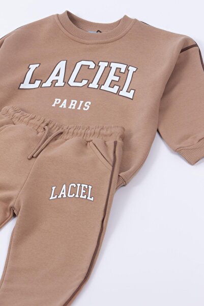 Magu Unisex Kids Slogan Patterned Cotton Sweatshirt Tracksuit Tights Top and Bottom Set