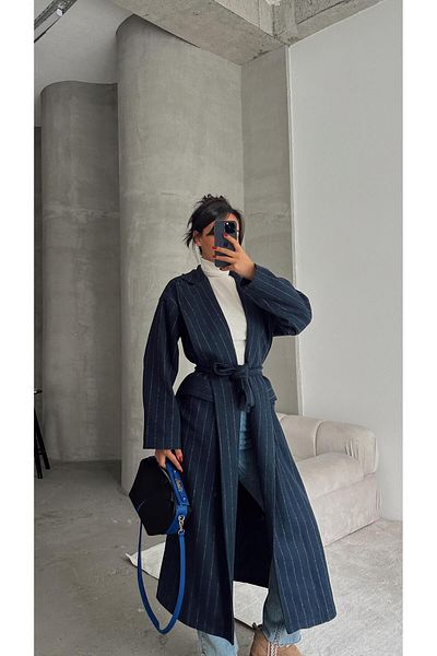 mydukkan.co Navy Blue Line Stitched Coat - Waist Tie