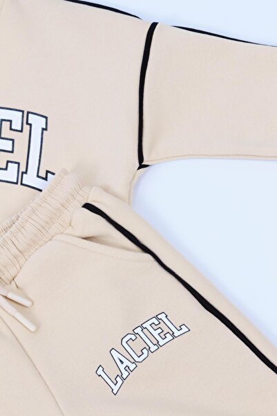 Magu Unisex Kids Slogan Patterned Cotton Sweatshirt Tracksuit Tights Top and Bottom Set