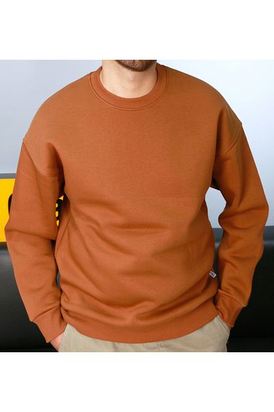 AMAZING CRASH Σκούρο καμήλα Unisex Basic Crew Neck Oversize Φούτερ