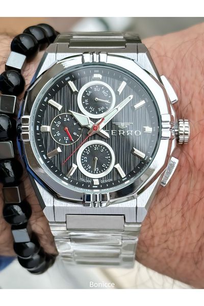 FERRO Brand Functions Active Steel Band,Silver Color,Navy Blue Dial Men's Wrist Watch+Bracelet