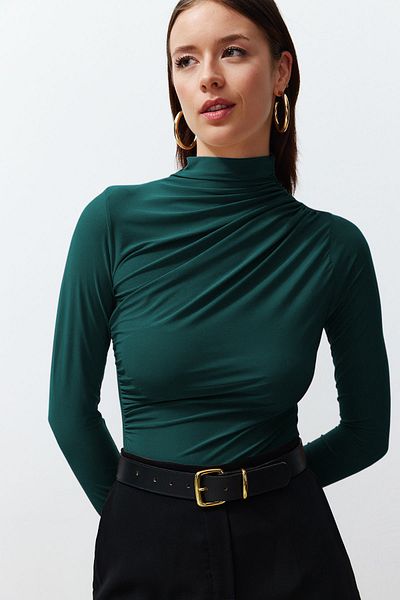 Trendyol Collection Rugalmas smaragdzöld négyszögletes nyakú húzózsinóros blúz - TWOSS24BZ00487