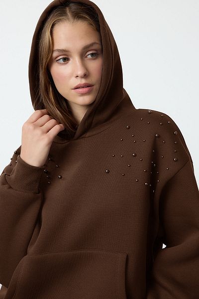 Trendyol Collection Άνετο πλεκτό φούτερ σε καφέ φλις - TWOAW25SW00137