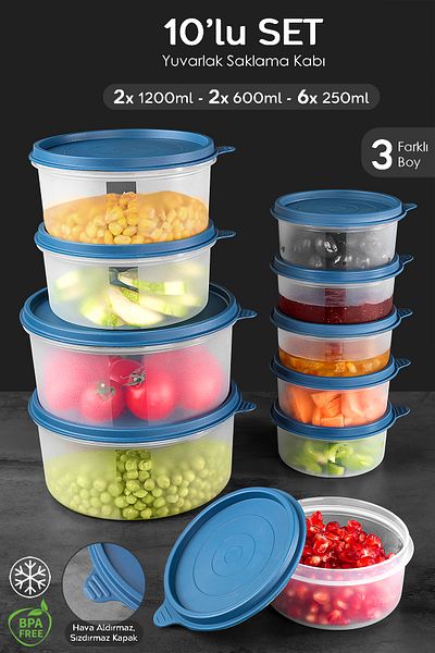 Meleni Home Set of 10 Dark Blue Round Food Storage - Food Container 6X250 2X600 2X1200Ml Organizer Organizer