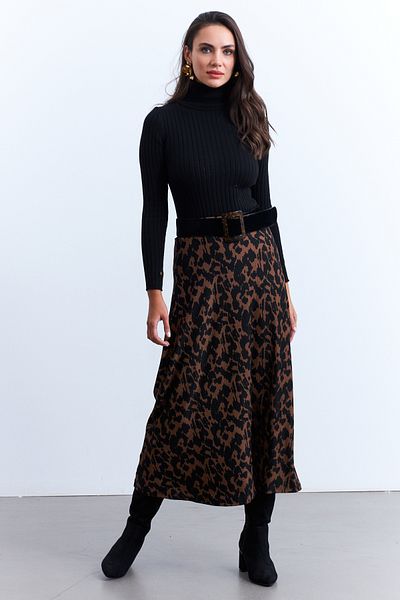 Cool & Modest Camel-Schwarz gemusterter Damen-Glockenrock MLON3007