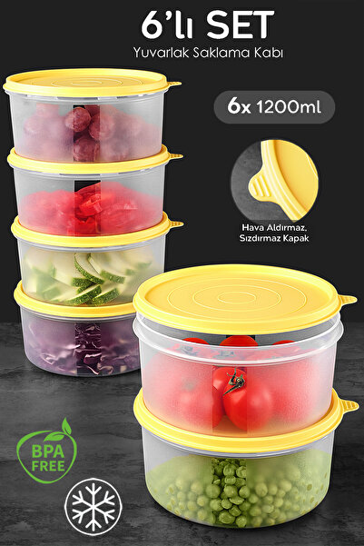 Meleni Home Set of 6 Yellow Round Food Storage - Food Container, 1200ml Capacity