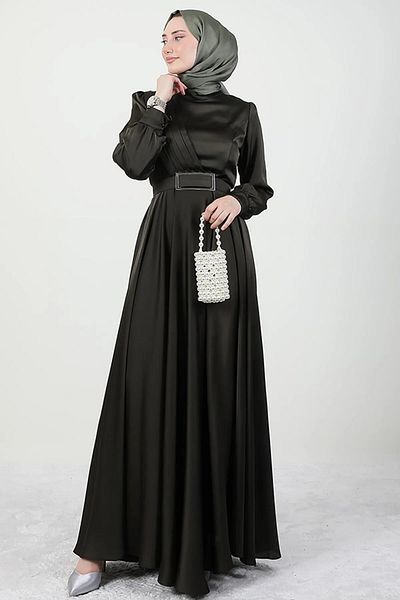Giza Giyim Khaki Color Hijab Evening Dress - Pleated Front Design