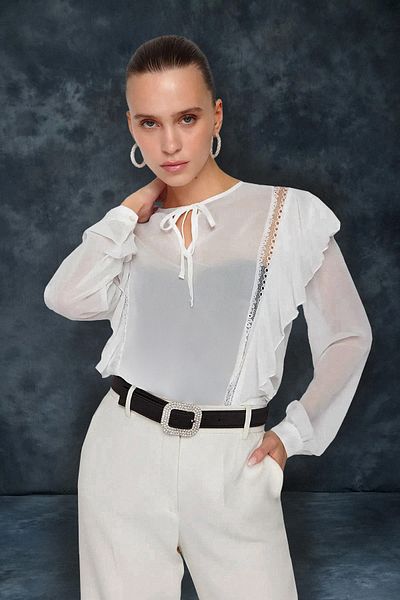 Trendyol Collection Ecru Chiffon Blouse with Lace Detail - Volute, Woven TPRSS24BZ00039