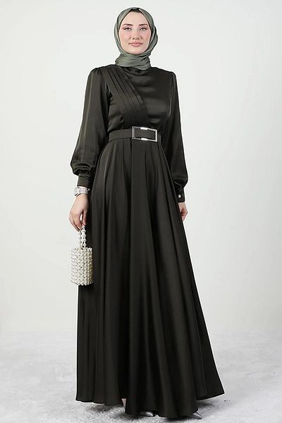 Giza Giyim Khaki Color Hijab Evening Dress - Pleated Front Design