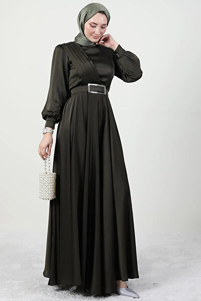 Giza Giyim Khaki Color Hijab Evening Dress - Pleated Front Design