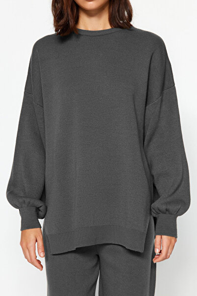 Trendyol Collection Anthracite Wide Fit Balloon Sleeve Trouser Knitwear Bottom - Top Set Twoaw24Au00067