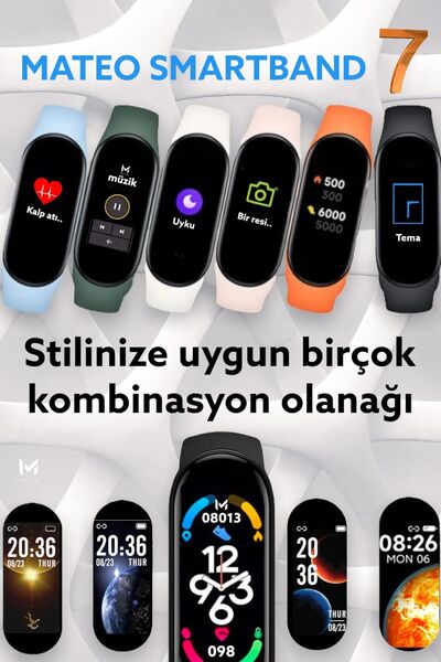 MATEO M7 Siyah Akıllı Bileklik Renkli iOS & Android Uyumlu Kalp Atış Uyku Takibi Bluetooth Bildirim 2024