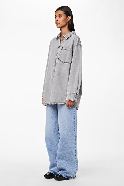 PIECES Farmer női ing - túlméretezett, műanyag 4 lyukú gombok, sötétkék és közepes kék