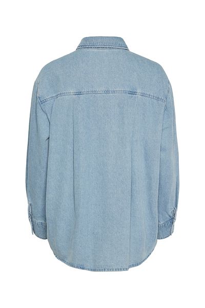 PIECES Džínová dámská košile – oversized střih, plastové knoflíky se 4 dírkami, tmavě modrá a středně modrá