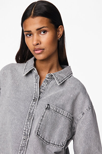 PIECES Farmer női ing - túlméretezett, műanyag 4 lyukú gombok, sötétkék és közepes kék