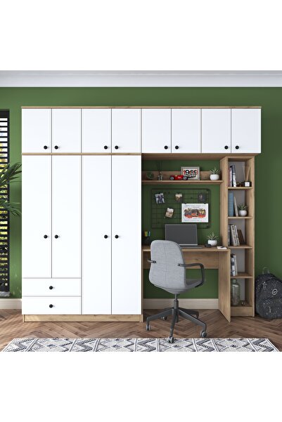 Rani Mobilya Rani Ba122 Geniş Gardırop Elbise Dolabı + Çalışma Masası + Kitaplık Sepet Ceviz - Beyaz 216 X 240 Cm