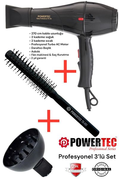 POWERTEC Tr-701 Professional Blow Dryer + Volume Diffuser Head + Professional Blow Dryer Brush