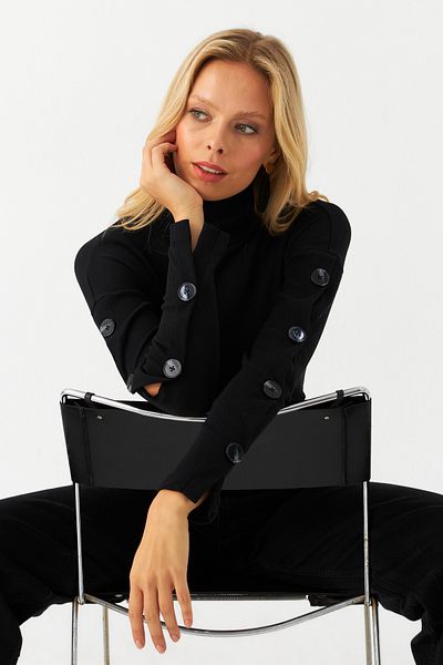 Cool & Sexy Bluză neagră pentru femei, cu accesorii cu nasturi, pentru pescar EY2995