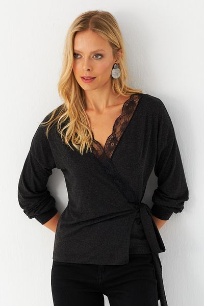 Cool & Sexy Women's Anthracite Lace Detail Double Breasted Blouse Ey2992