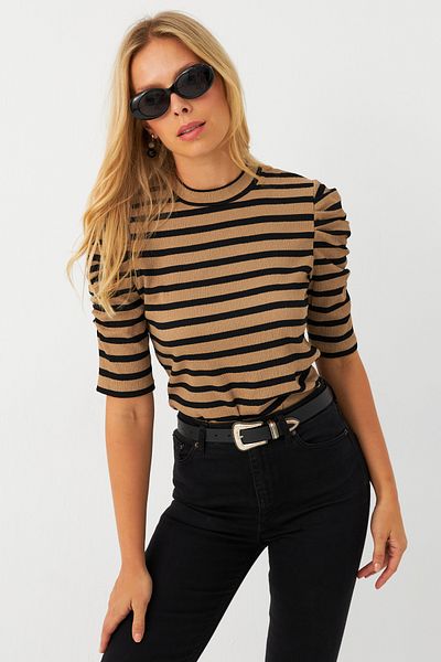 Cool & Modest Γυναικεία Μπλούζα Camel-Μαύρη - Πριγκιπική Μανσέτα, MAYD12