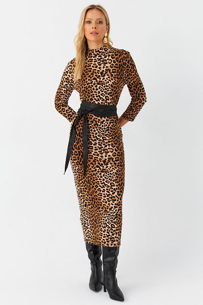 Cool & Modest Γυναικείο Midi φόρεμα Camel-Black με σχέδιο - MLPP400