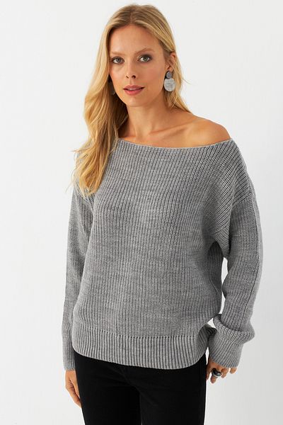Cool & Sexy Women's Gray Boat Neck Sweater Ayd392
