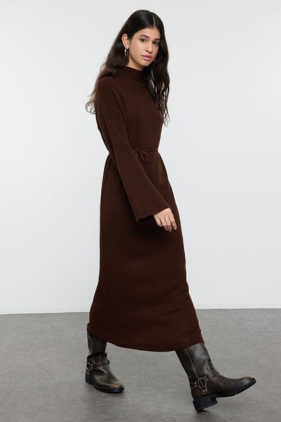 Trendyol Modest Brown Rib/Camisole Belted Knitwear Dress Tctaw25Eb00142