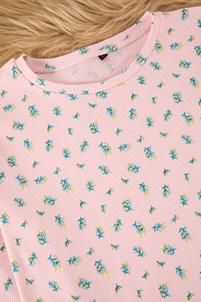 Trendyol Collection Růžové Soft Keys Bavlna Květinové Žebrované Pletené pyžamo Set Thmaw25Pt00194