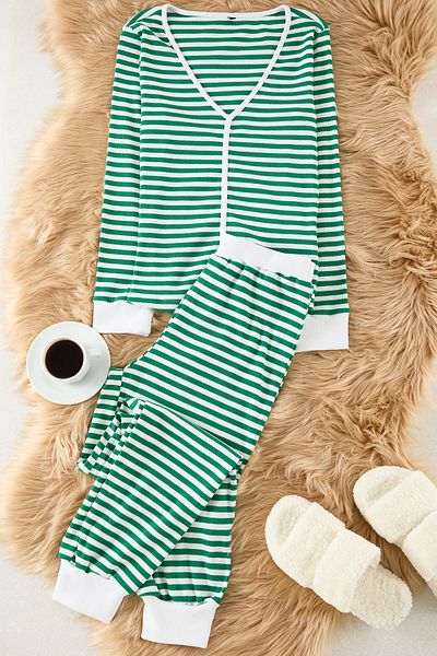 Trendyol Collection Піжама в зелену смужку з манжетами та деталями для трубок THMAW24PT00141