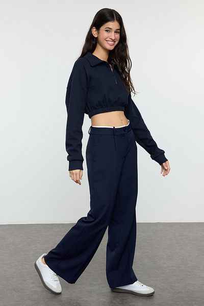 Trendyol Collection Tmavé námořnické široké tkané kalhoty - Detail opasku Twoaw24Pl00341