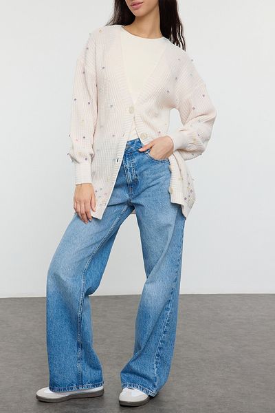 Edit by Trendyol V-Neck Stone Detailed Knitwear Cardigan - Tedaw25Th00006
