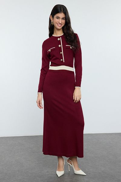 Trendyol Modest Πλεκτό φόρεμα μπορντό με κουμπιά TCTAW25EB00042