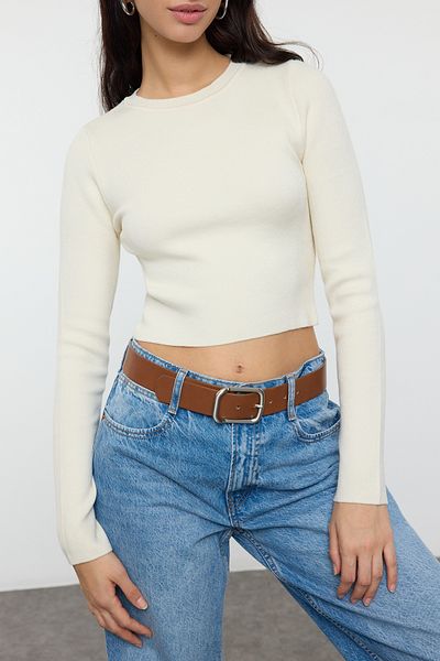 Edit by Trendyol Pulover de bază tricot subțire cu gât crew ecru TEDAW25KZ00070