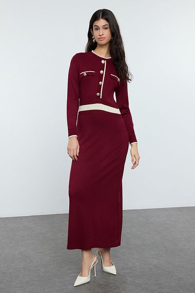Trendyol Modest Πλεκτό φόρεμα μπορντό με κουμπιά TCTAW25EB00042