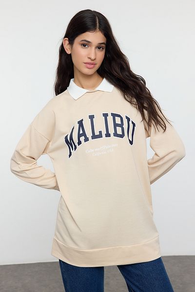 Trendyol Modest Πόλο λαιμόκοψη κεντημένο μπεζ πλεκτό φούτερ - TCTAW23TW00083