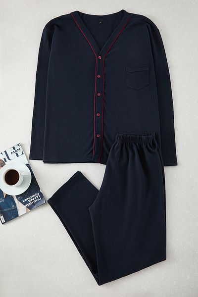 Trendyol Collection Marineblaues Knopf-Pyjama-Set TMNAW25PT00074