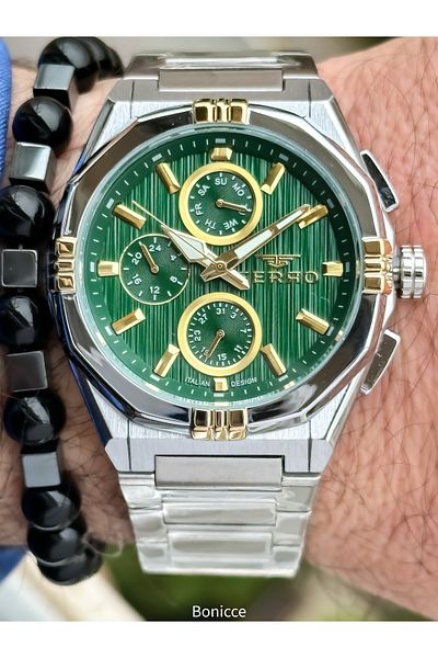 FERRO Brand Functions Active Steel Band,Silver Color,Green Dial Men's Wrist Watch+Bracelet