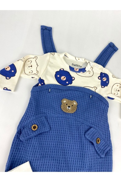 NAFİTTO Ayı Nakışlı Erkek Bebek Tulum 3’lü Tulum Seti – Zıbın, Tulum Ve Çorap | 3-6-9 Ay Bebek Kıyafeti