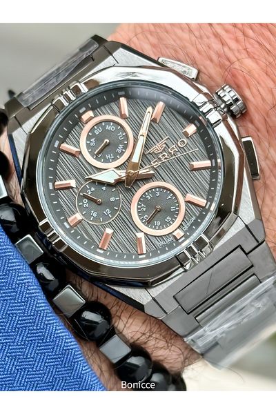 FERRO Brand Functions Active Steel Band Smoked Dial Men Wrist Watch+Bracelet