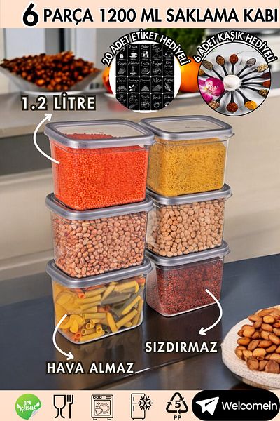 welcomein Set of 6 Leak Proof Rectangular Food Storage Containers 1200ml - 20 Labels - 6 Spoons - 1.2 Liters